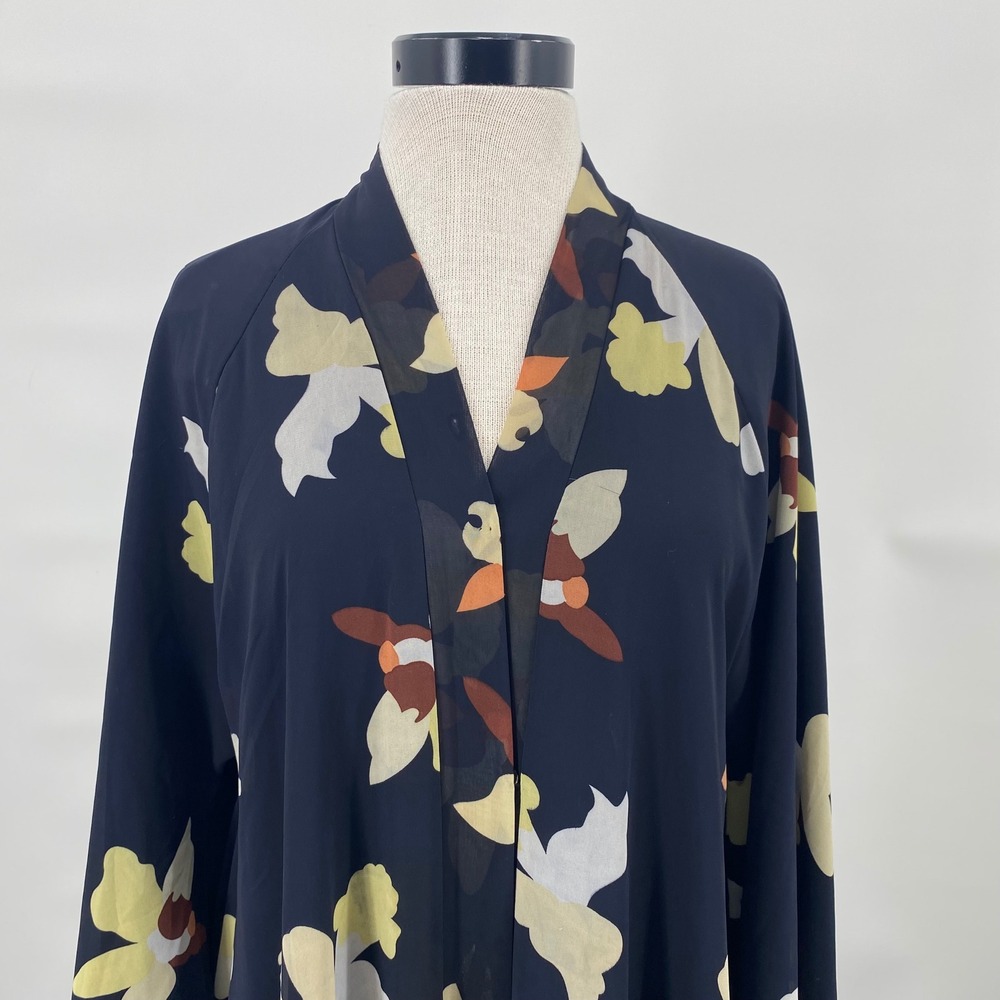Navy Blue Floral Tiered Flowy Chiffon Abaya Maxi Dress Open Front Duster XL (60)